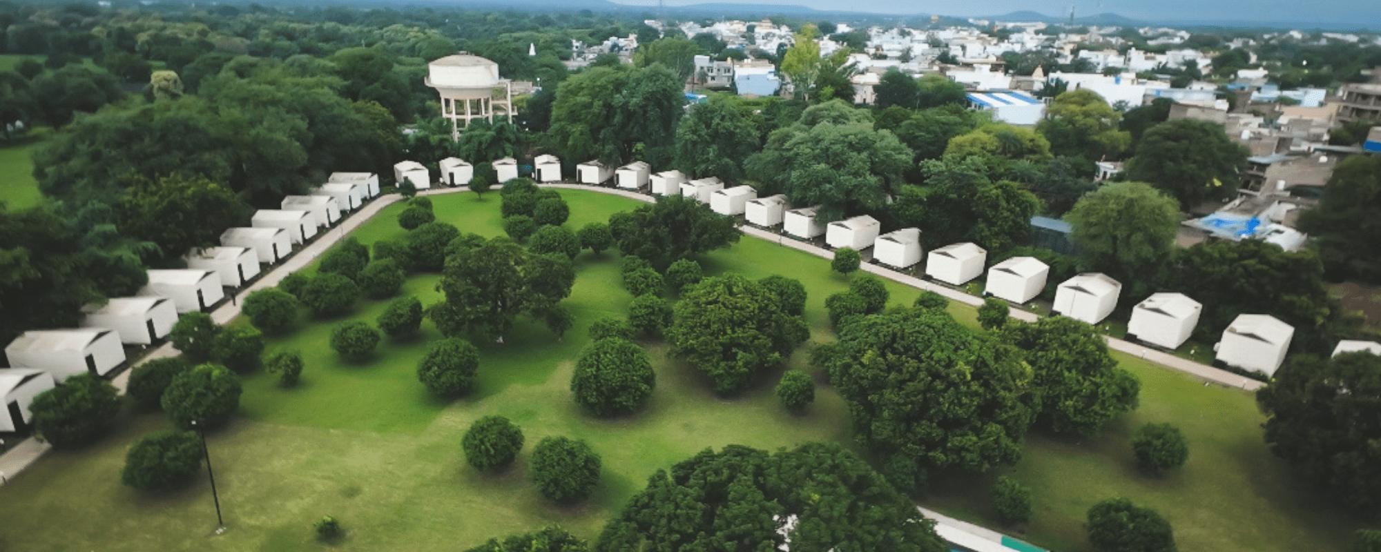 Aerial view of the 45-acre Unwind Resort grounds